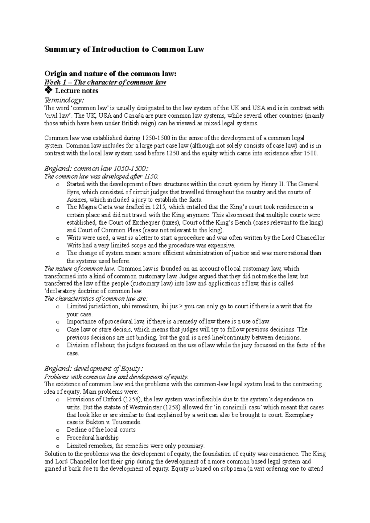 Introduction To Common Law Summary Summary Of Introduction To 