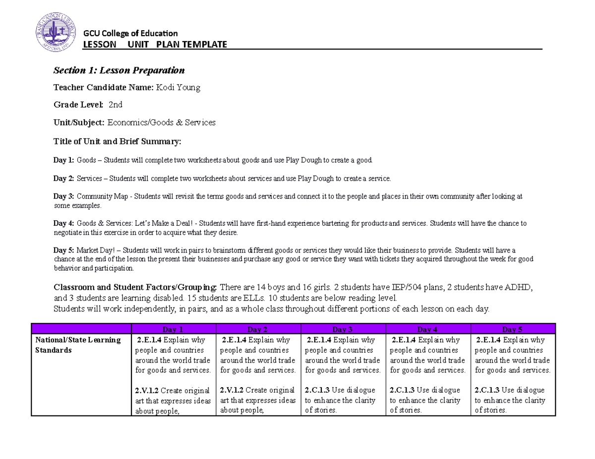 Benchmark Social Studies and the Arts Unit Plan Section 1 Lesson