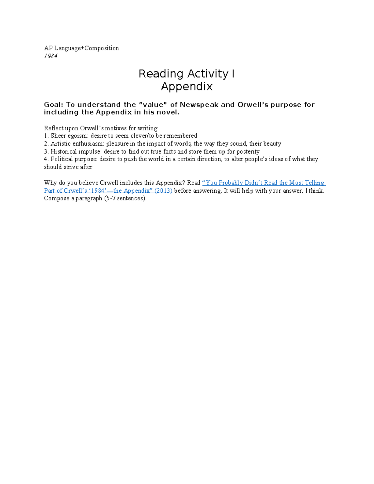 1984 Reading Activity I Appendix - AP Language+Composition 1984 Reading ...