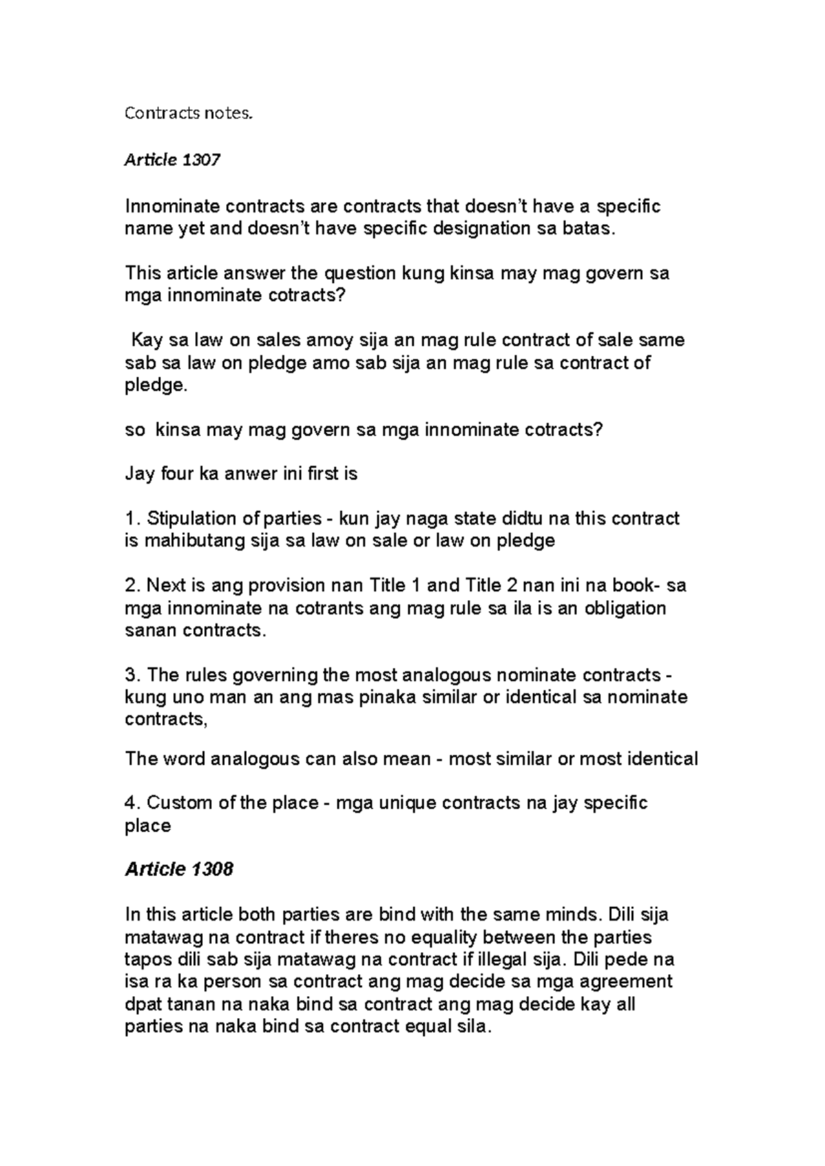 Contracts notes - none - Contracts notes. Article 1307 Innominate ...