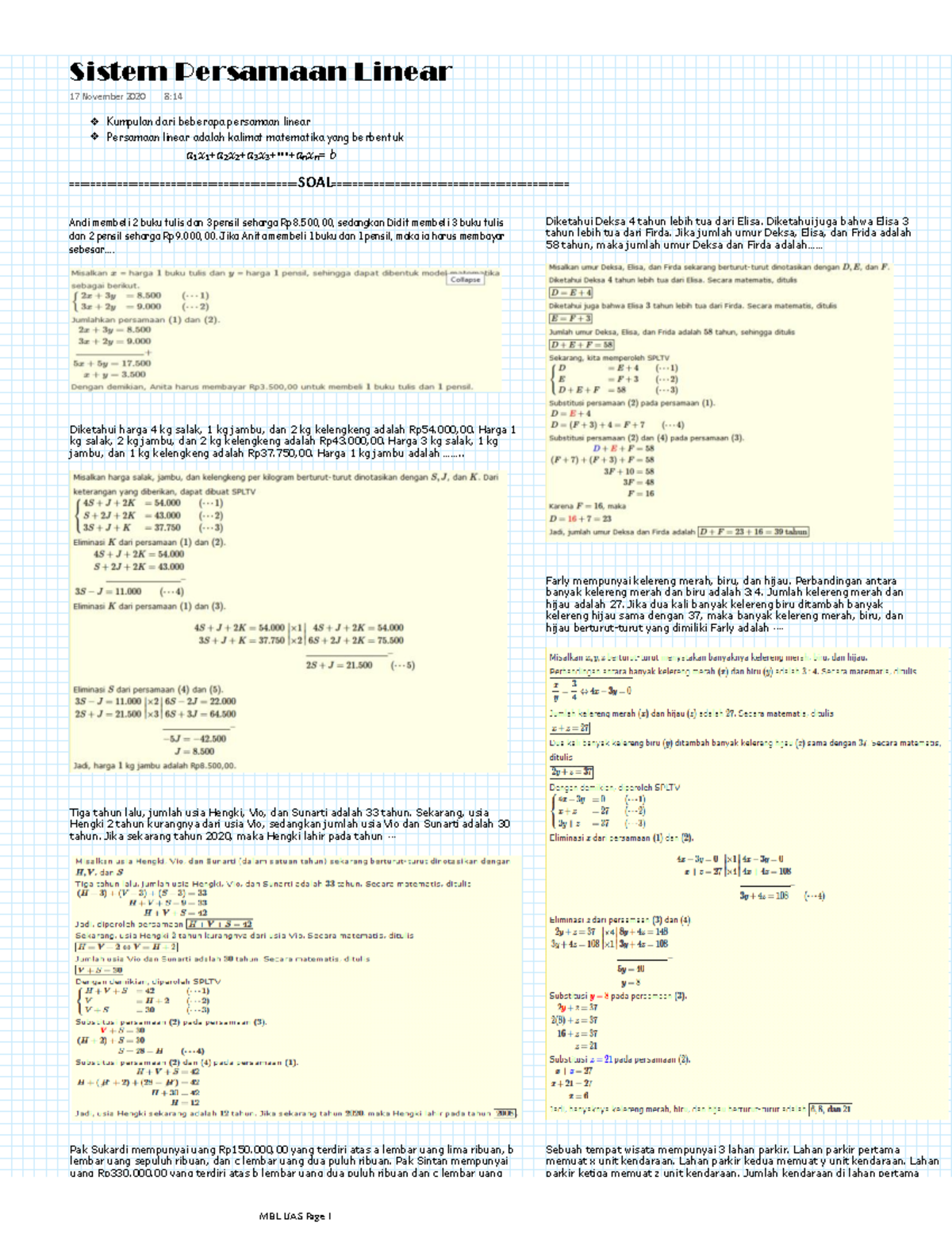Sistem Persamaan Linear - Kumpulan dari beberapa persamaan linear 1 1 ...