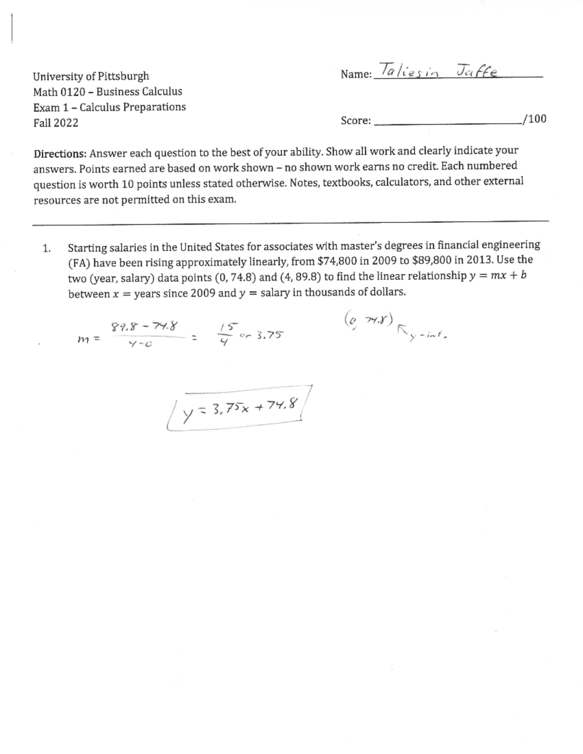 Business Calculus Exam 1 Answer Key (3p)-1 - Math 0120 - Studocu