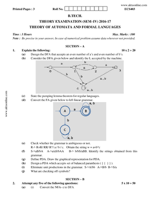 Btech Cs 4 Sem Theory Of Automata And Formal Languages Rcs403 2019 ...