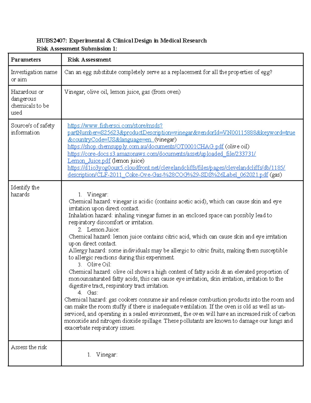 2407 Major Work Risk Assessment - HUBS2407: Experimental & Clinical ...