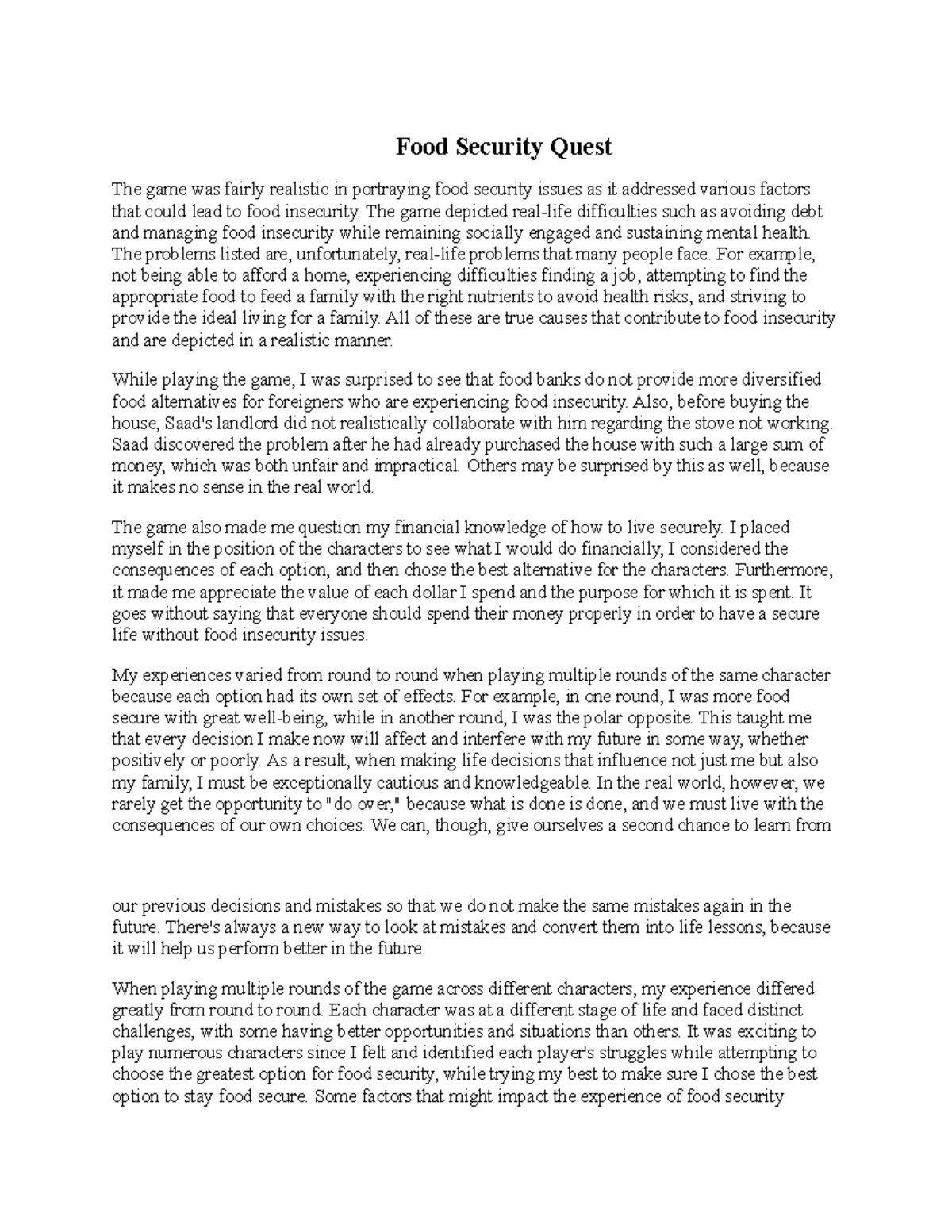 Food Security Quest document paper Food Security Quest The game was