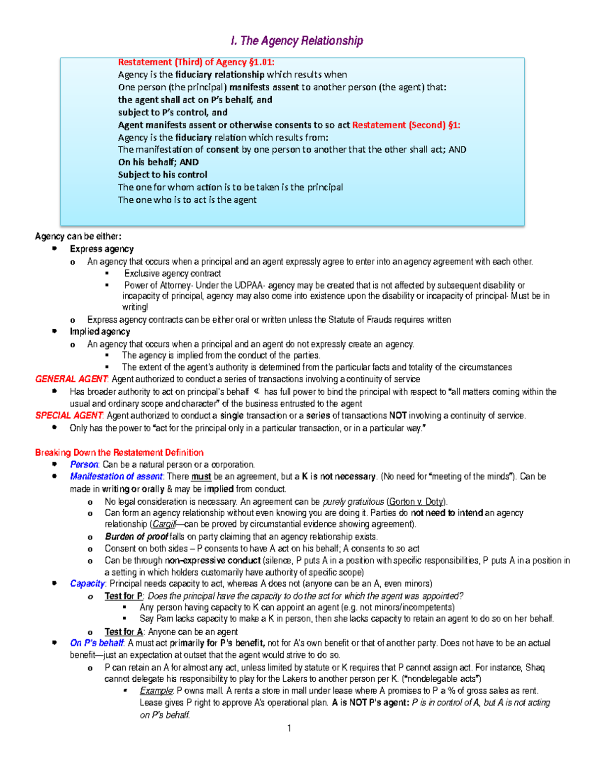 Business Associations - 1 Restatement (Third) of Agency §1: Agency is ...