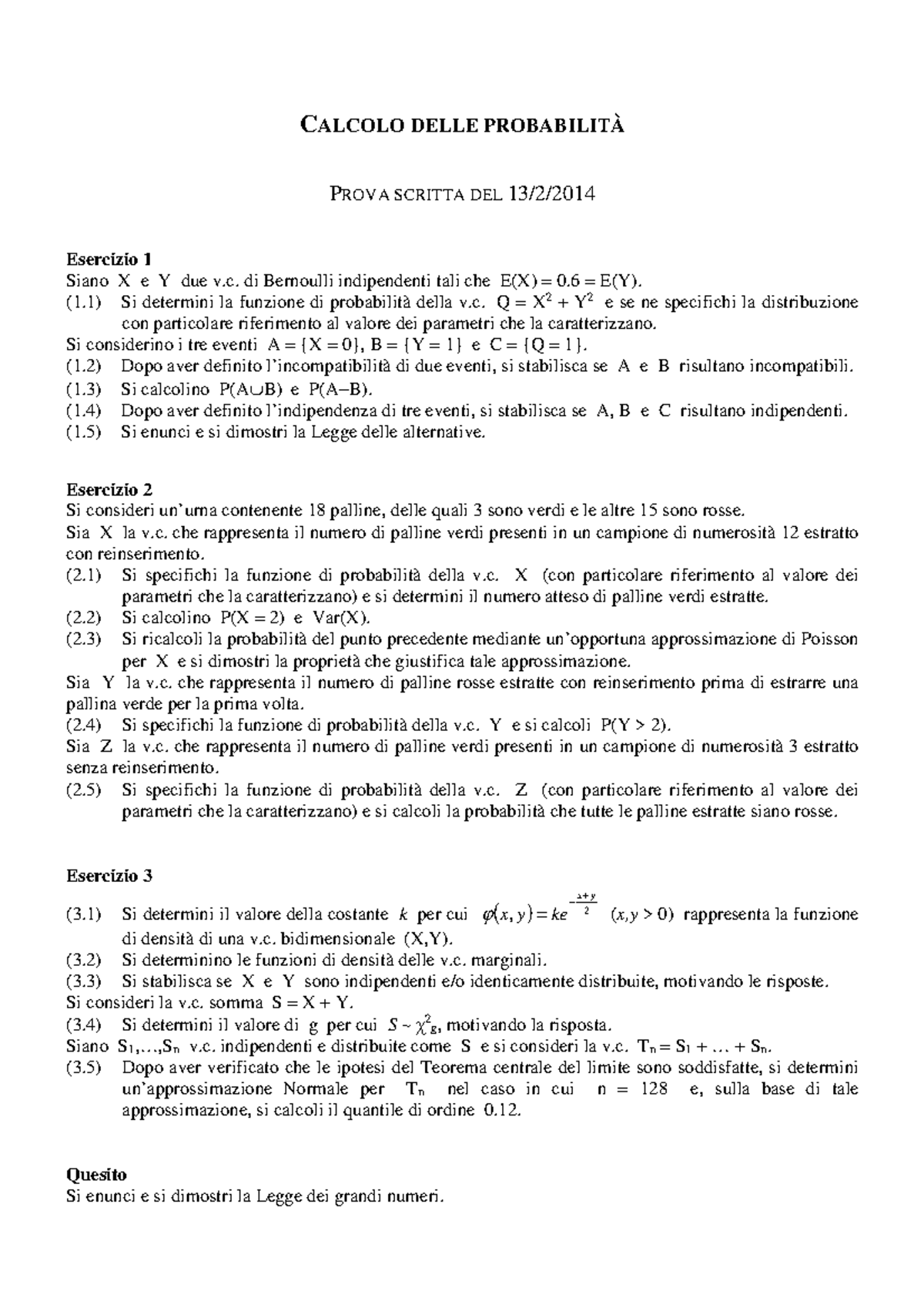 Esercizi Calcolo Delle Probabilità - CALCOLO DELLE PROBABILITÀ PROVA ...