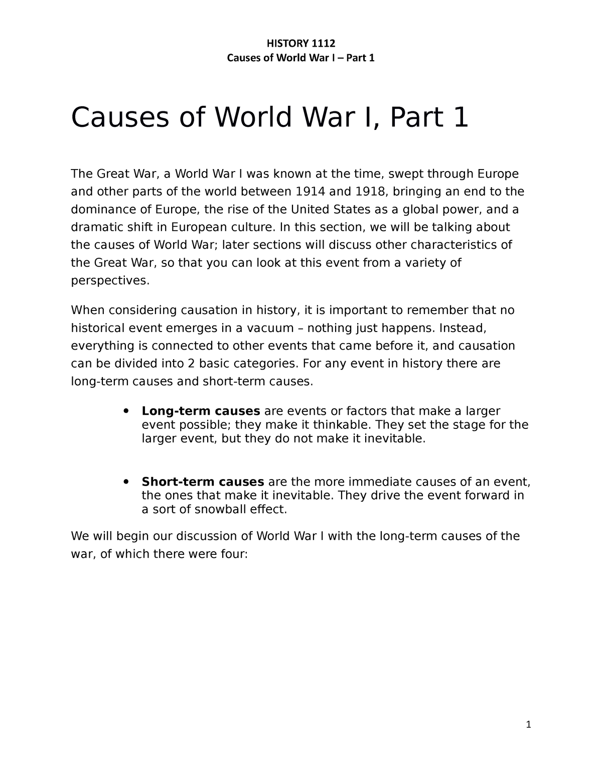 Remembering World War I, History, Causes & Impact