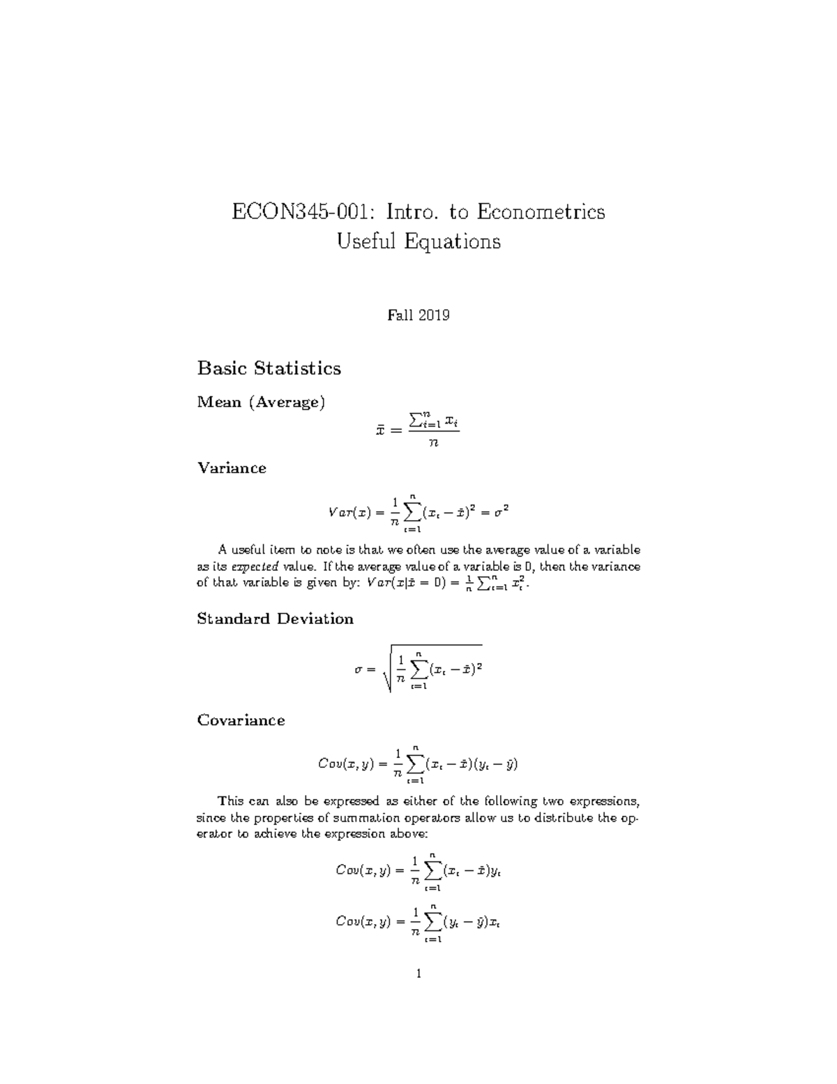 Useful Equations for Statistics - ECON345-001: Intro. to Econometrics ...