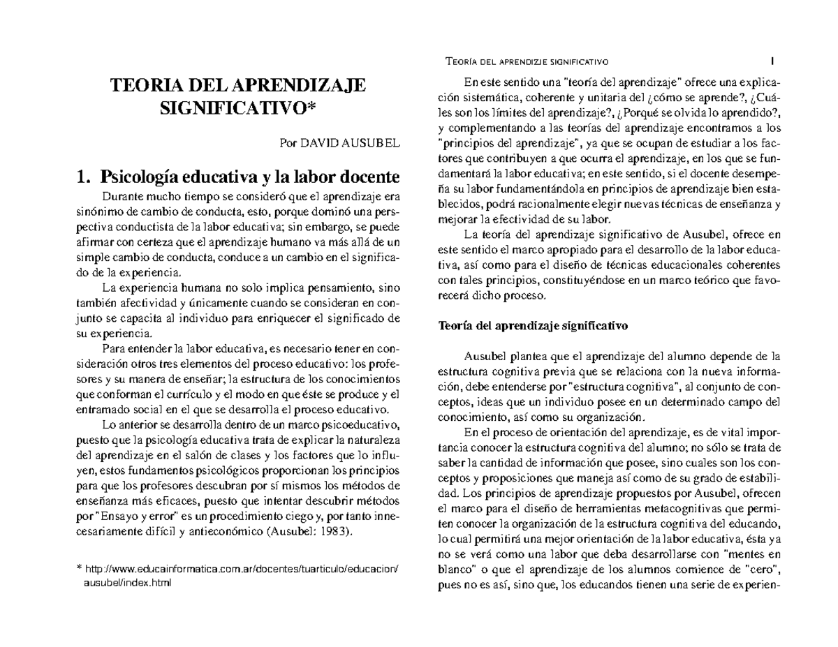 La Teoria Del Aprendizaje Significativo De David Ausubel Pdf