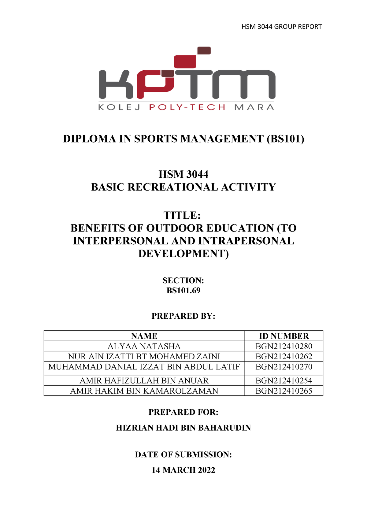 group-report-basic-recreational-activity-section-69-diploma-in