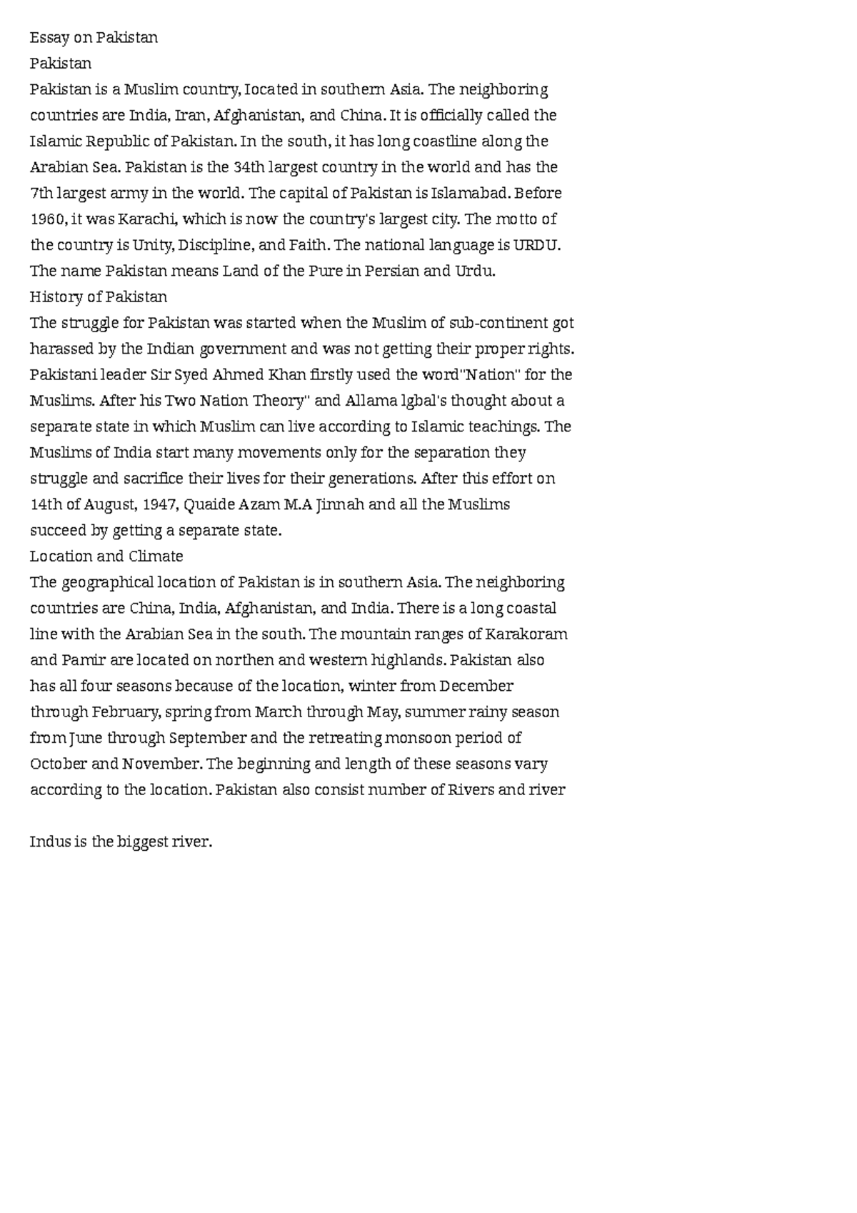 Pakistan - It is a essay - Essay on Pakistan Pakistan Pakistan is a ...