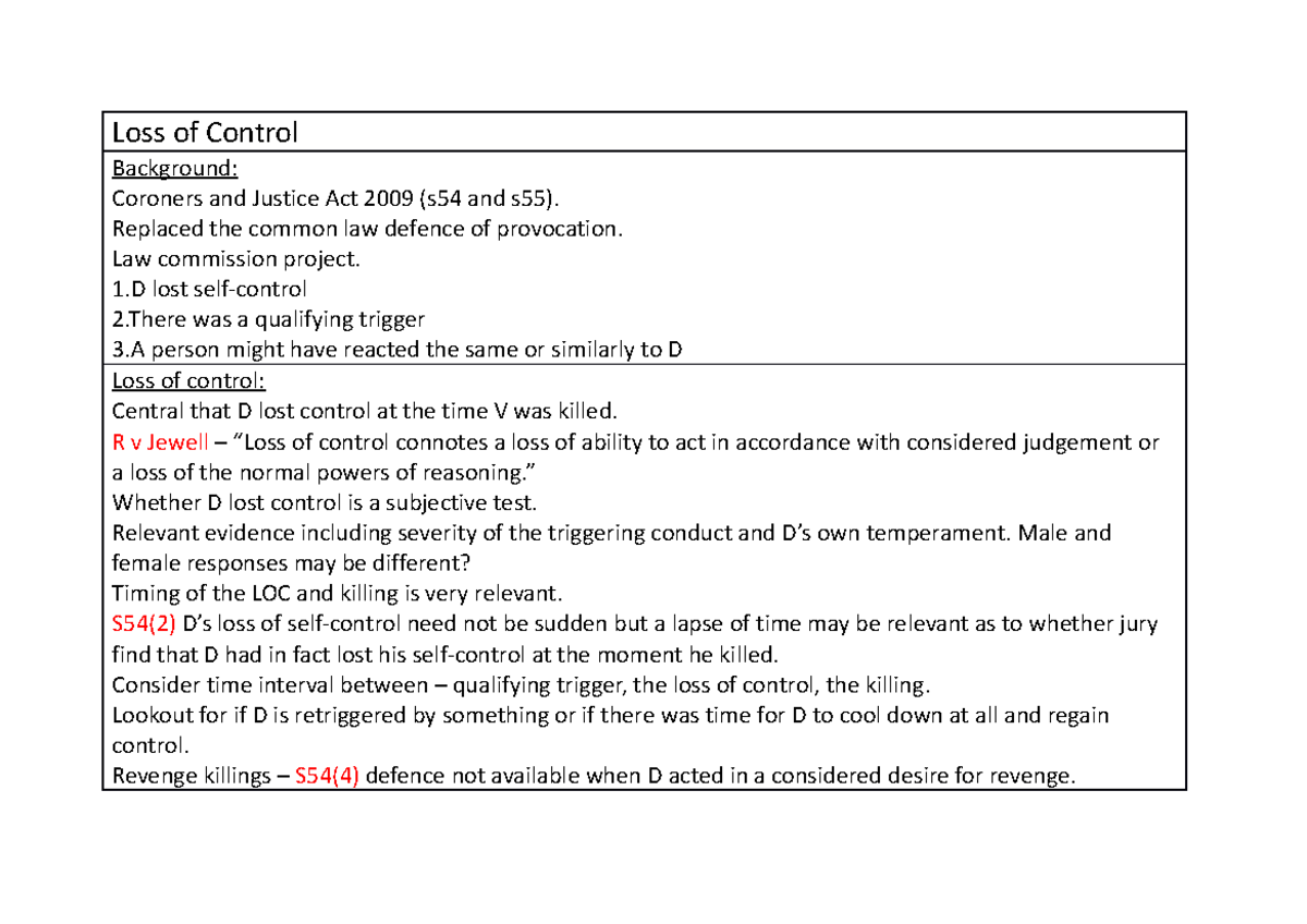 Loss of Control Revision Summary - Loss of Control Background: Coroners ...