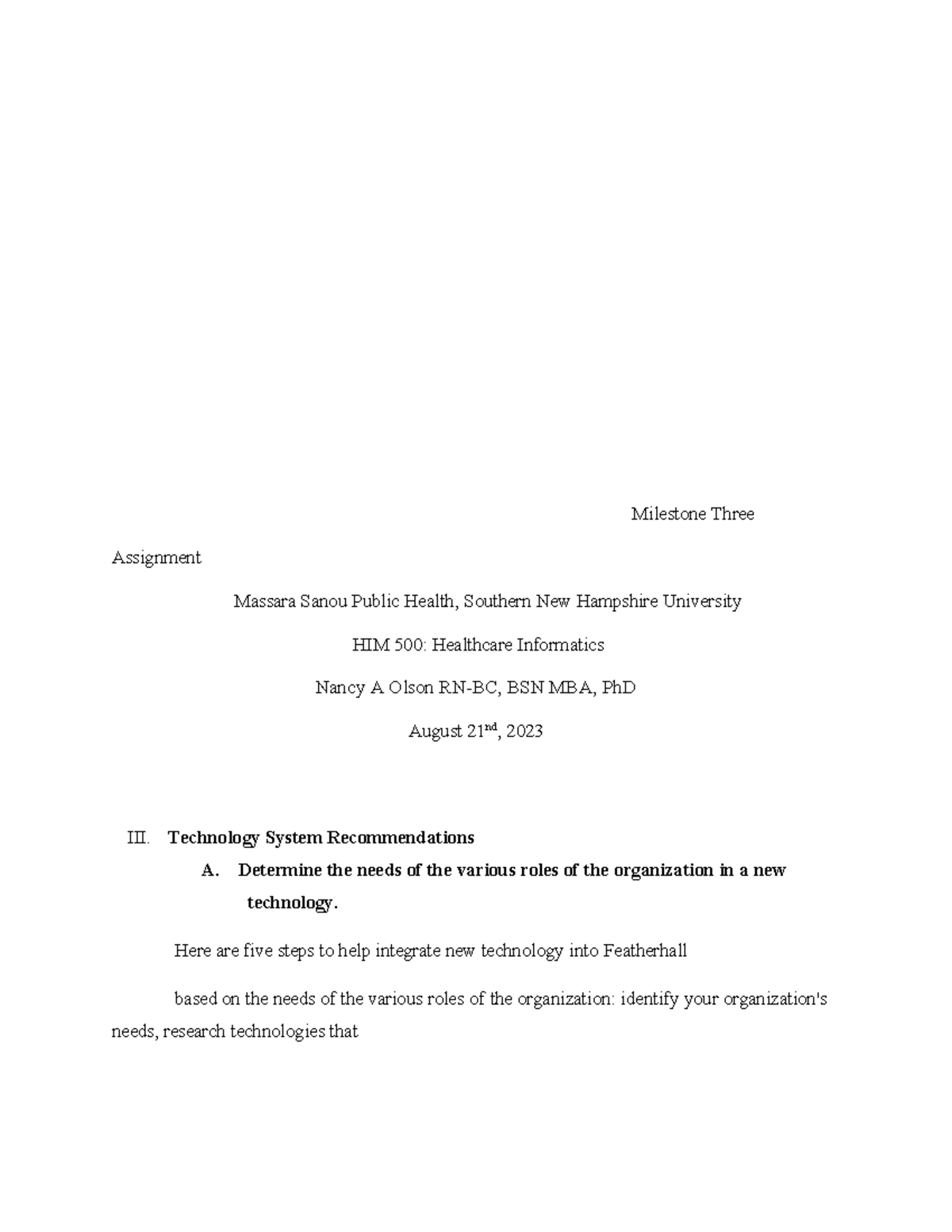 HIM 500 Milestone Three - Milestone Three Assignment Massara Sanou ...