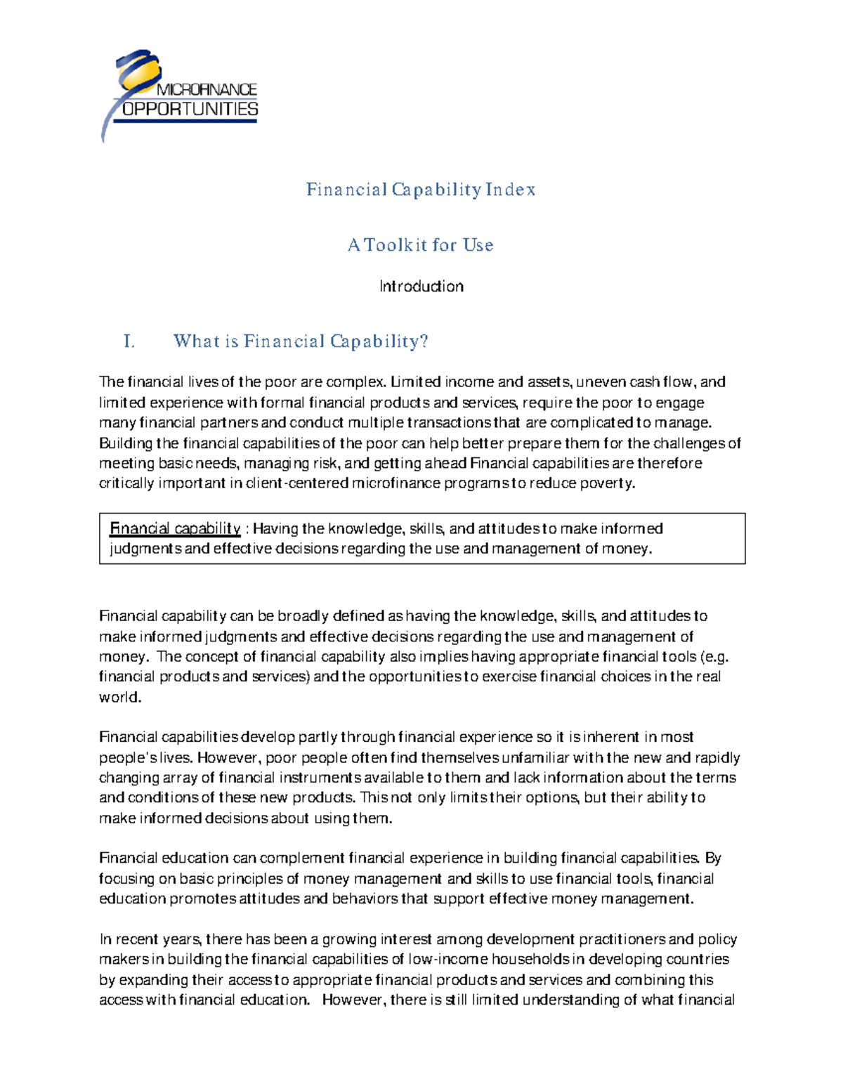 Financial Capability Index Toolkit - Financial Capability Inde x A ...