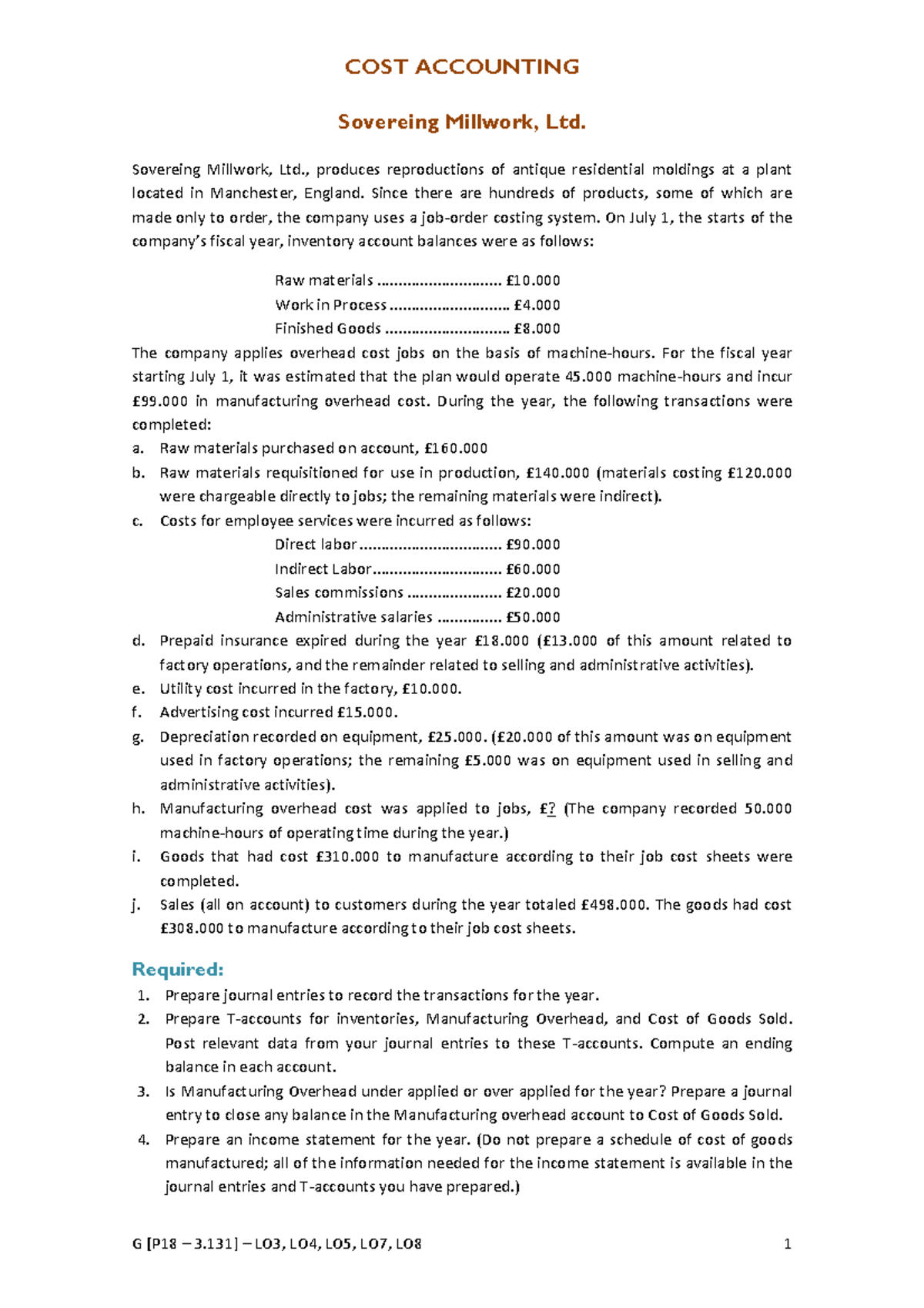 CA4 Sovereign Millwork - COST ACCOUNTING G [P18 – 3] – LO3, LO4, LO5 ...
