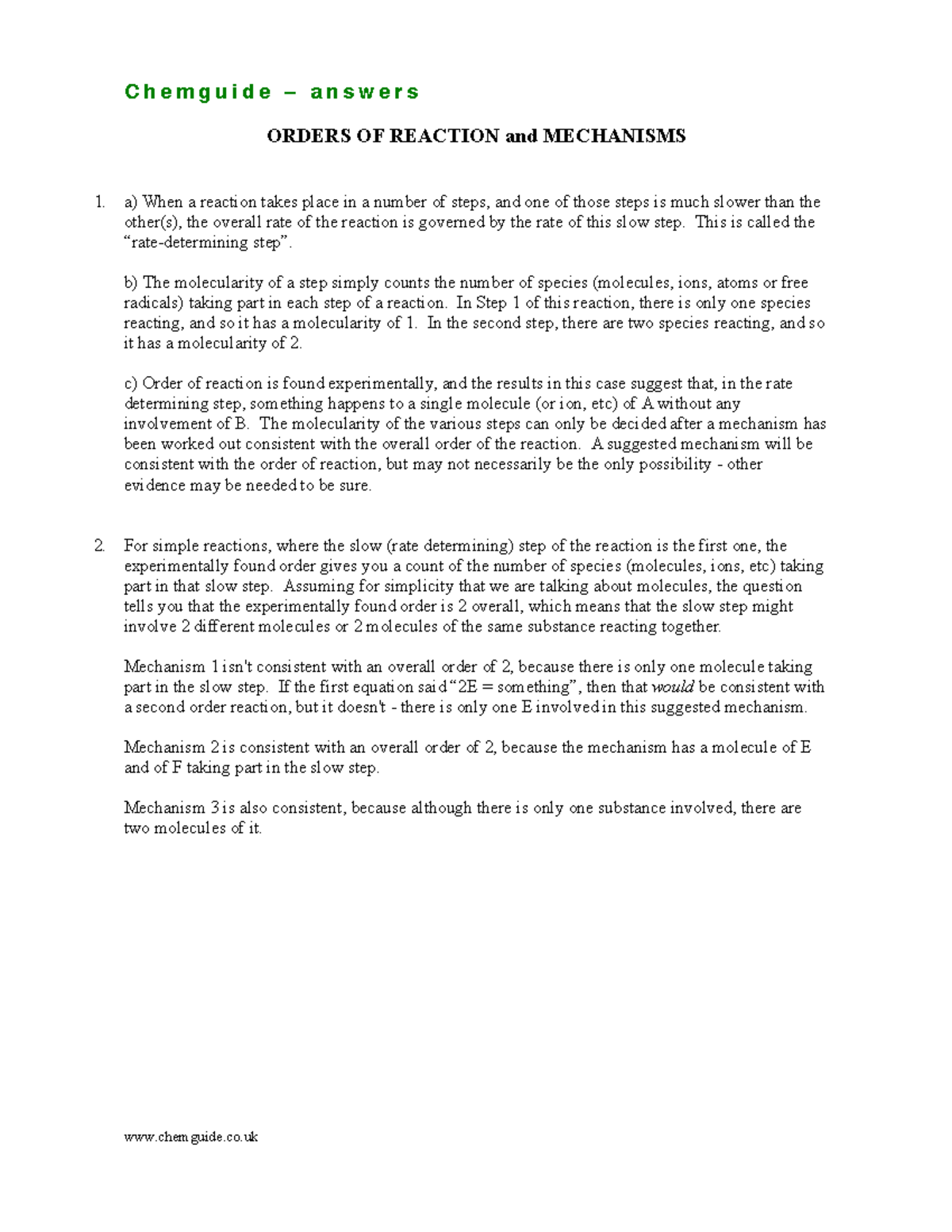 Mechanism Rate Law Practice Answers Chemguide answers ORDERS OF