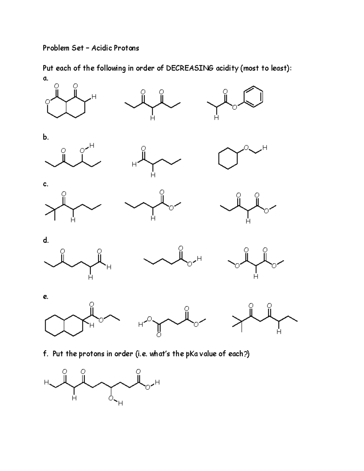 Acidicprotonsps - worksheet - Problem Set – Acidic Protons Put each of ...