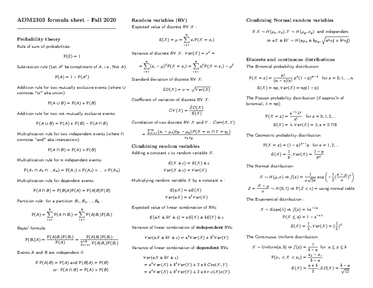 ADM2303 formula sheet - Fall 2020 - , NotA): P(A) = 1−P(Ac) Addition ...