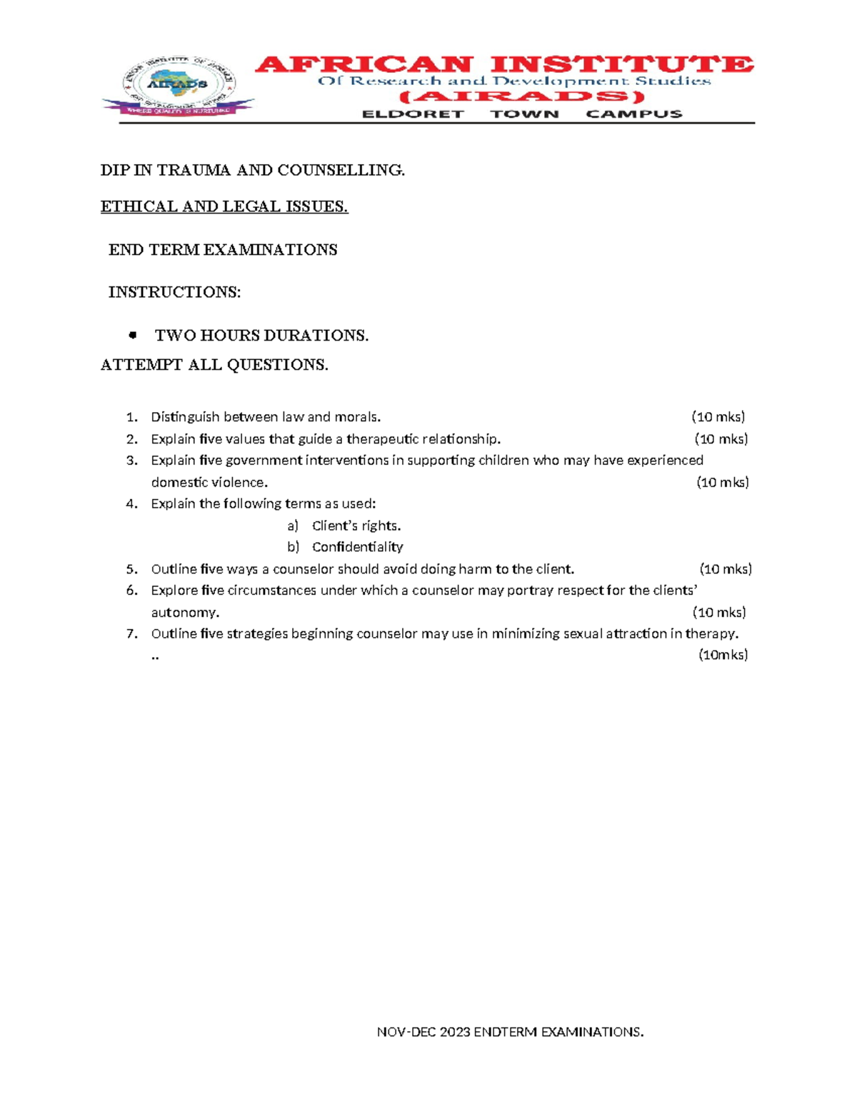Ethical AND Legal Issues IN Counseling - DIP IN TRAUMA AND COUNSELLING ...