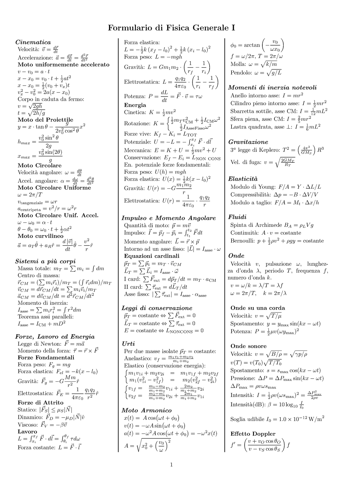 Formulario Fisica 1 pt.1 - Cinematica, Formulari di Fisica