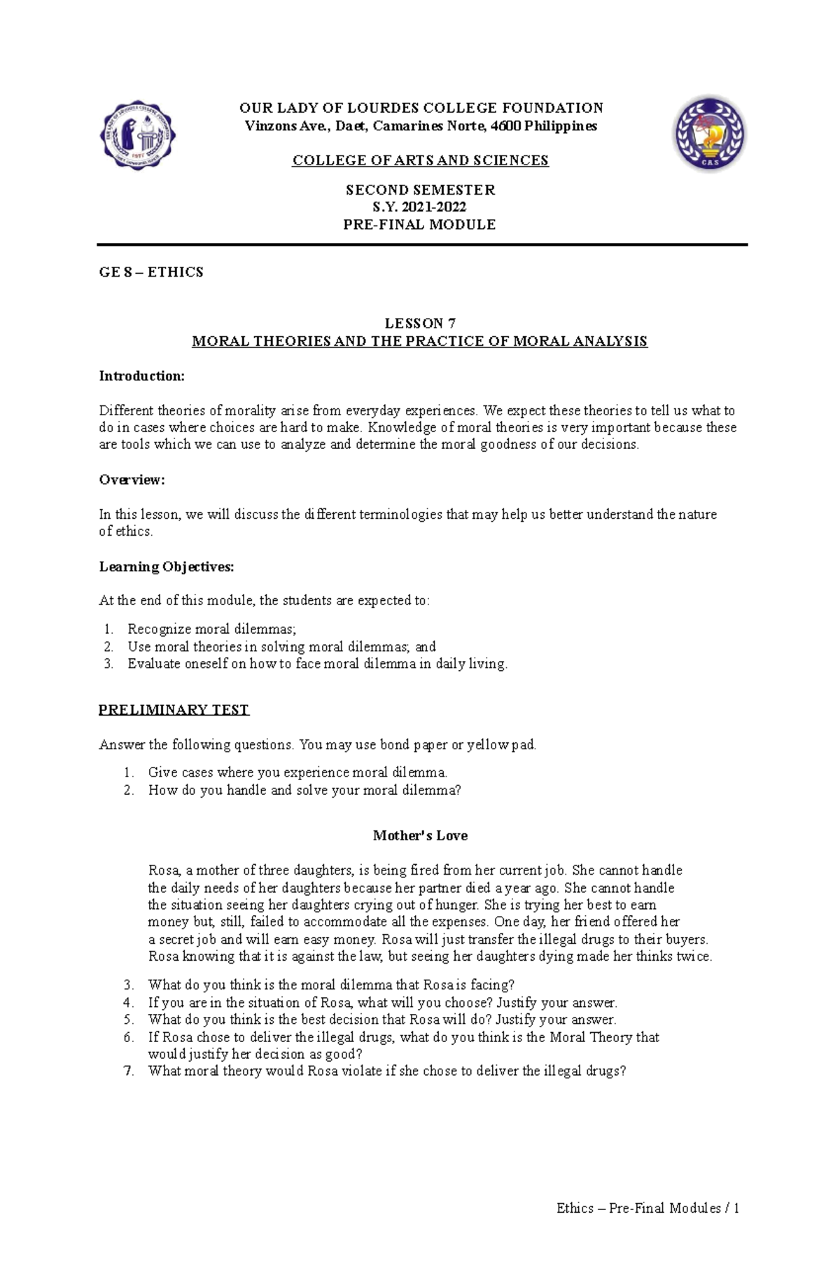 Module 3 PRE Final Ethics lecture notes for college - OUR LADY OF ...