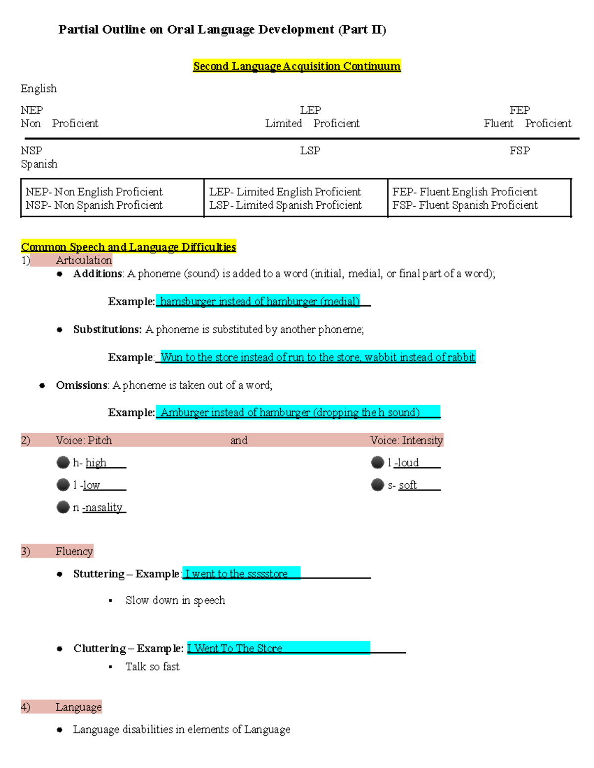 Language Development Part 2.docx - Partial Outline on Oral Language ...