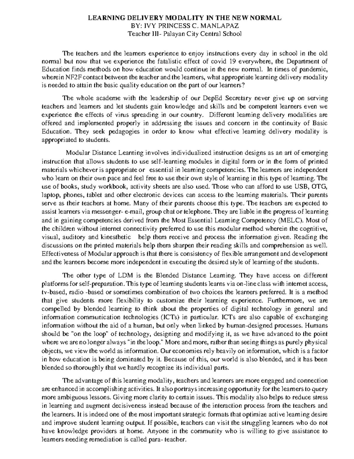 IVY Princess C. Manlapaz- Learning Delivery Modality IN THE NEW Normal ...