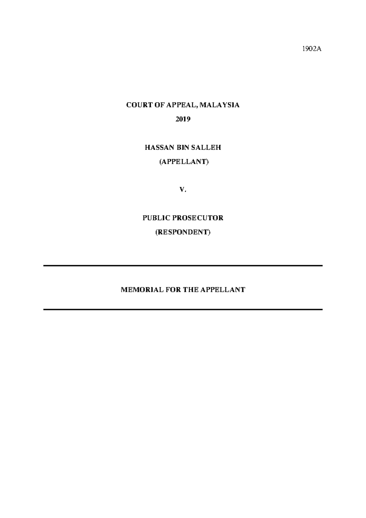 Appellant memorial - Criminal trial submission - 1902A COURT OF APPEAL ...