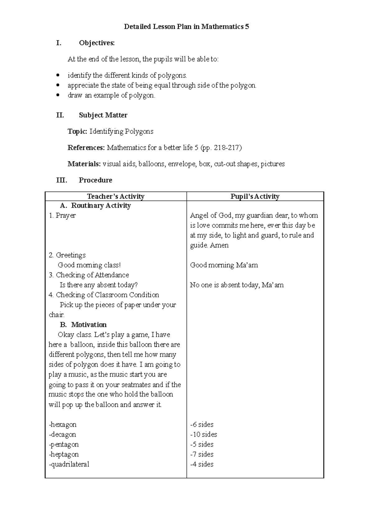 Math polygon finale - Detailed Lesson Plan in Mathematics 5 I ...