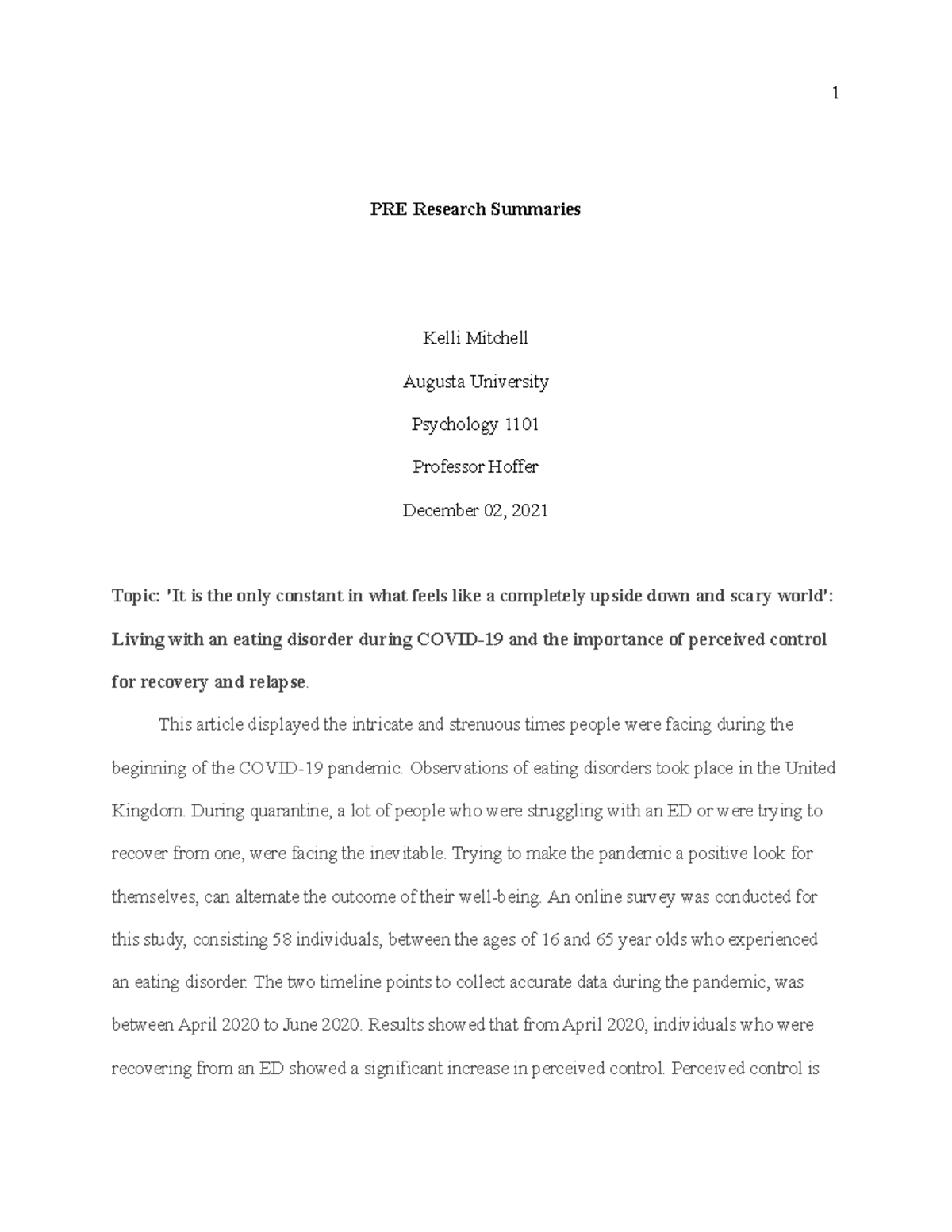 PRE Research Summaries - PRE Research Summaries Kelli Mitchell Augusta ...