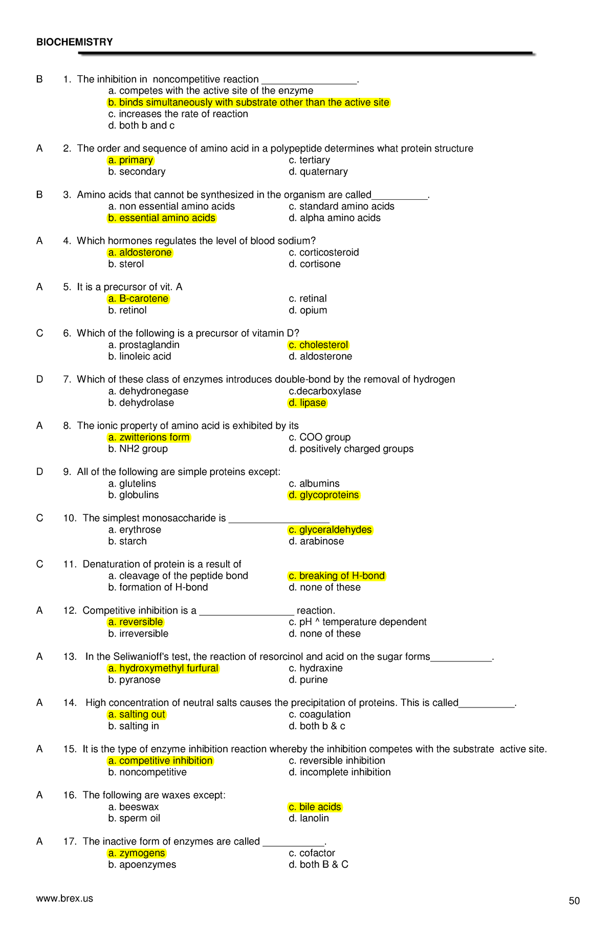 Biochemistry Answer Key Green Pacop Copy Copy Copy Copy - B 1. The ...