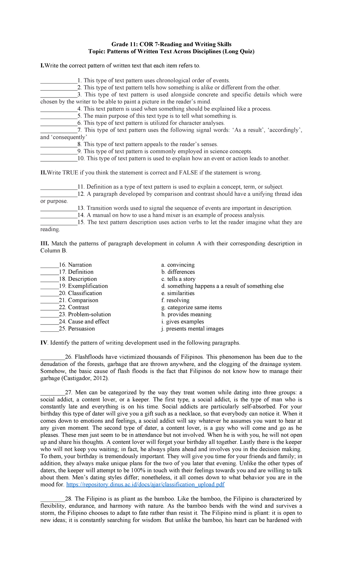 Reading and Writing Quiz - Grade 11: COR 7-Reading and Writing Skills ...