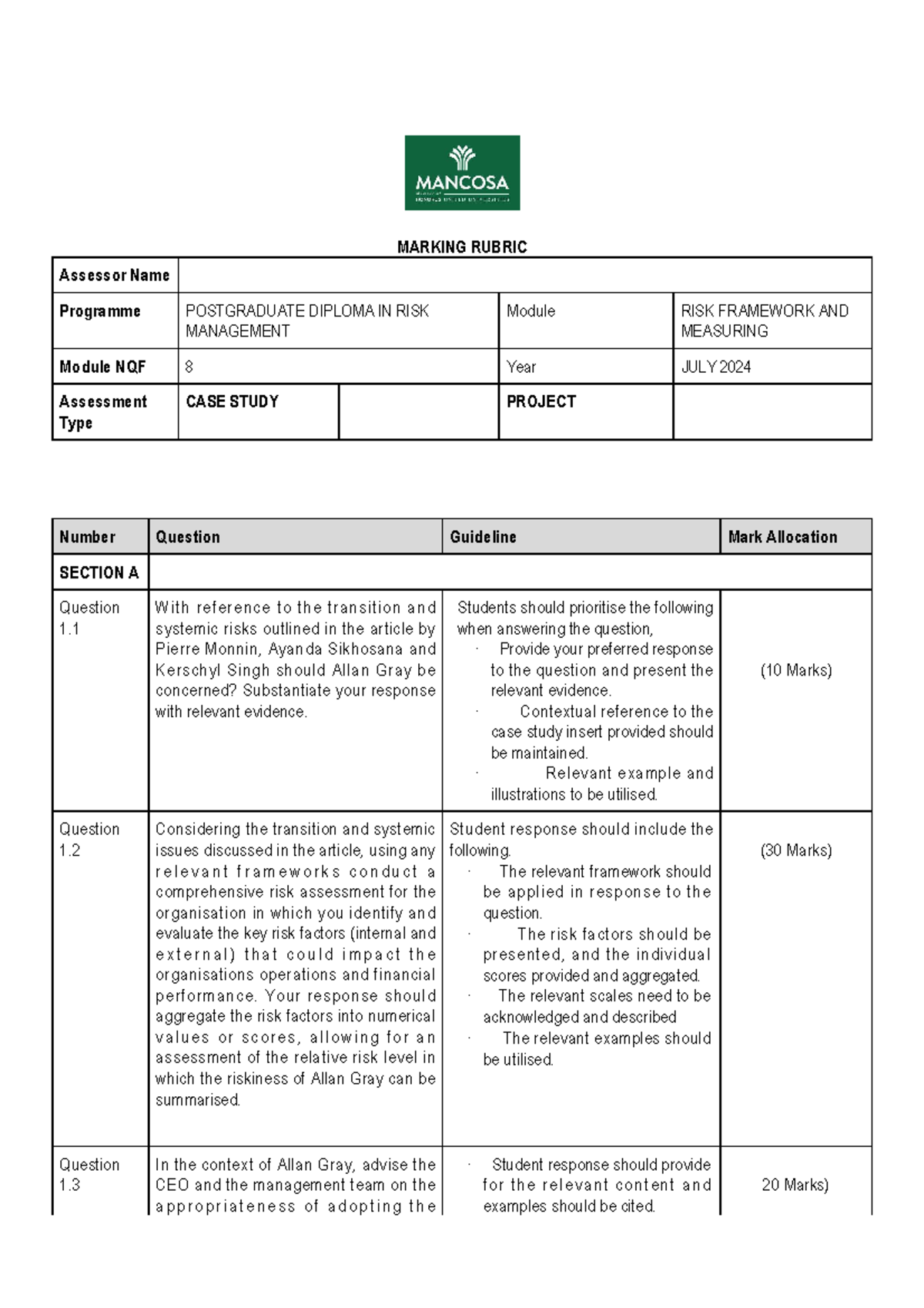 Risk Mngt FM Project Rubric - MARKING RUBRIC Assessor Name Programme ...