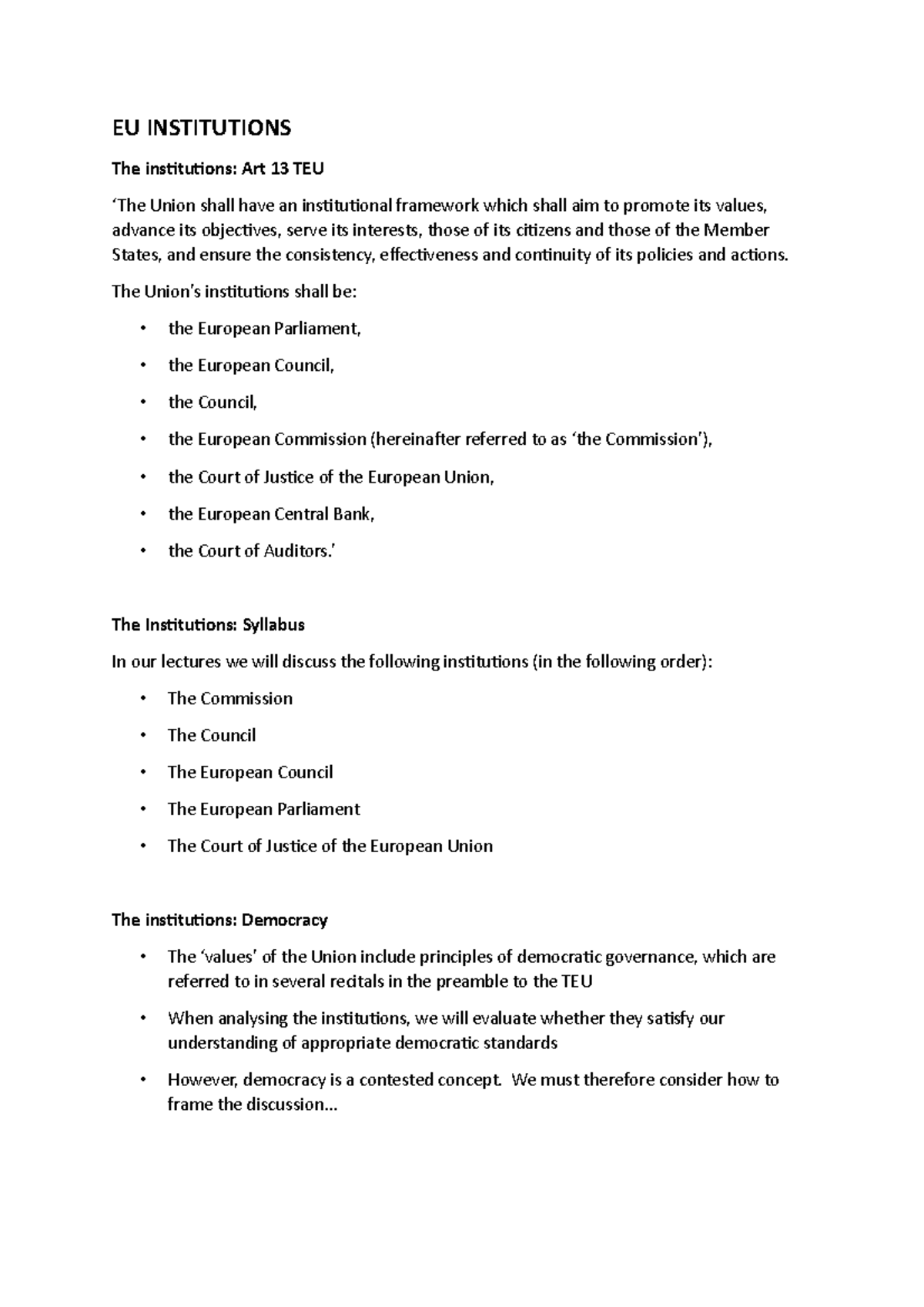 2 - EU Institutions - Lecture notes 2 - EU INSTITUTIONS The insituions ...