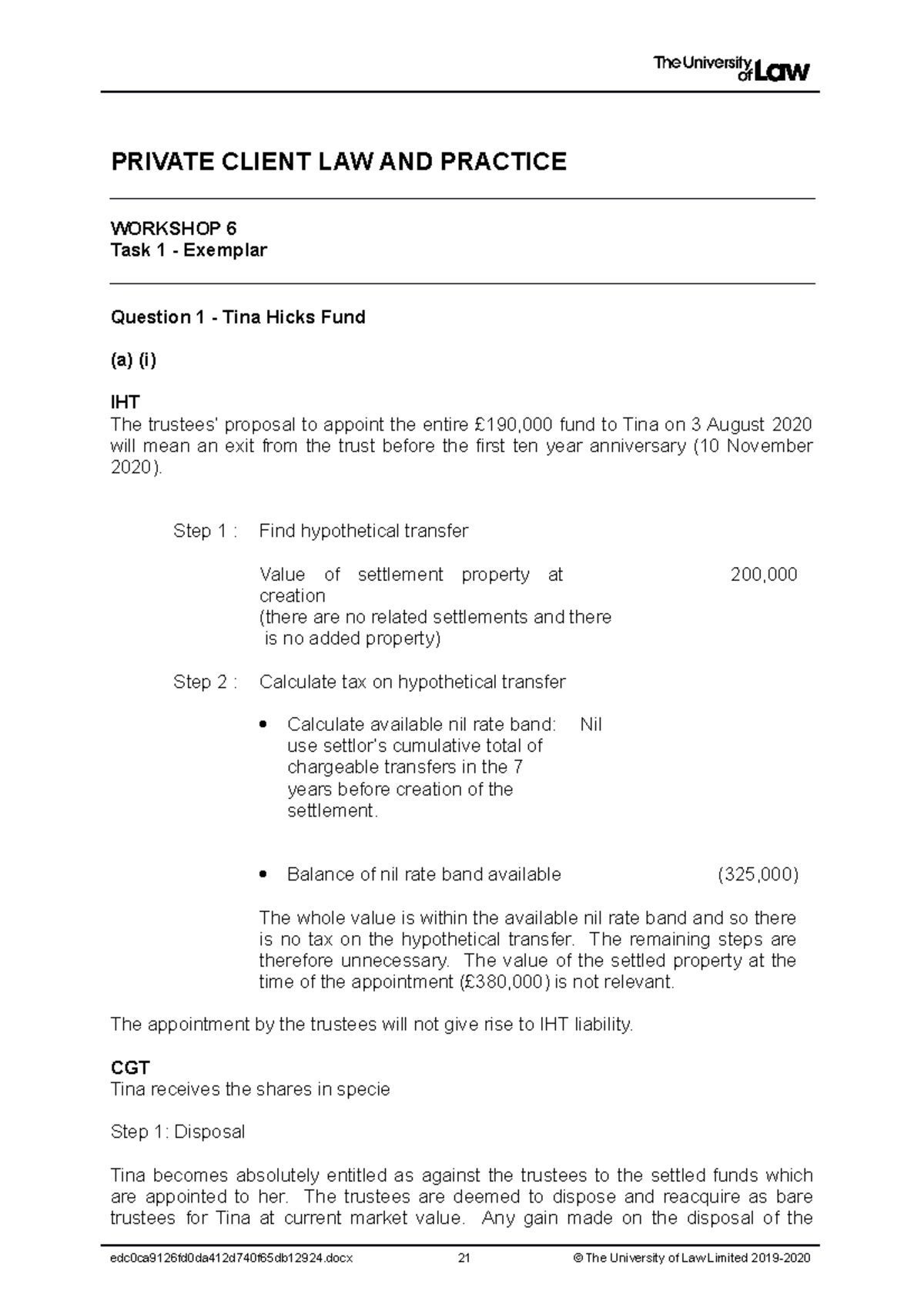1920 priv ws06 ce02 task 01 q1 exemplar t - PRIVATE CLIENT LAW AND ...