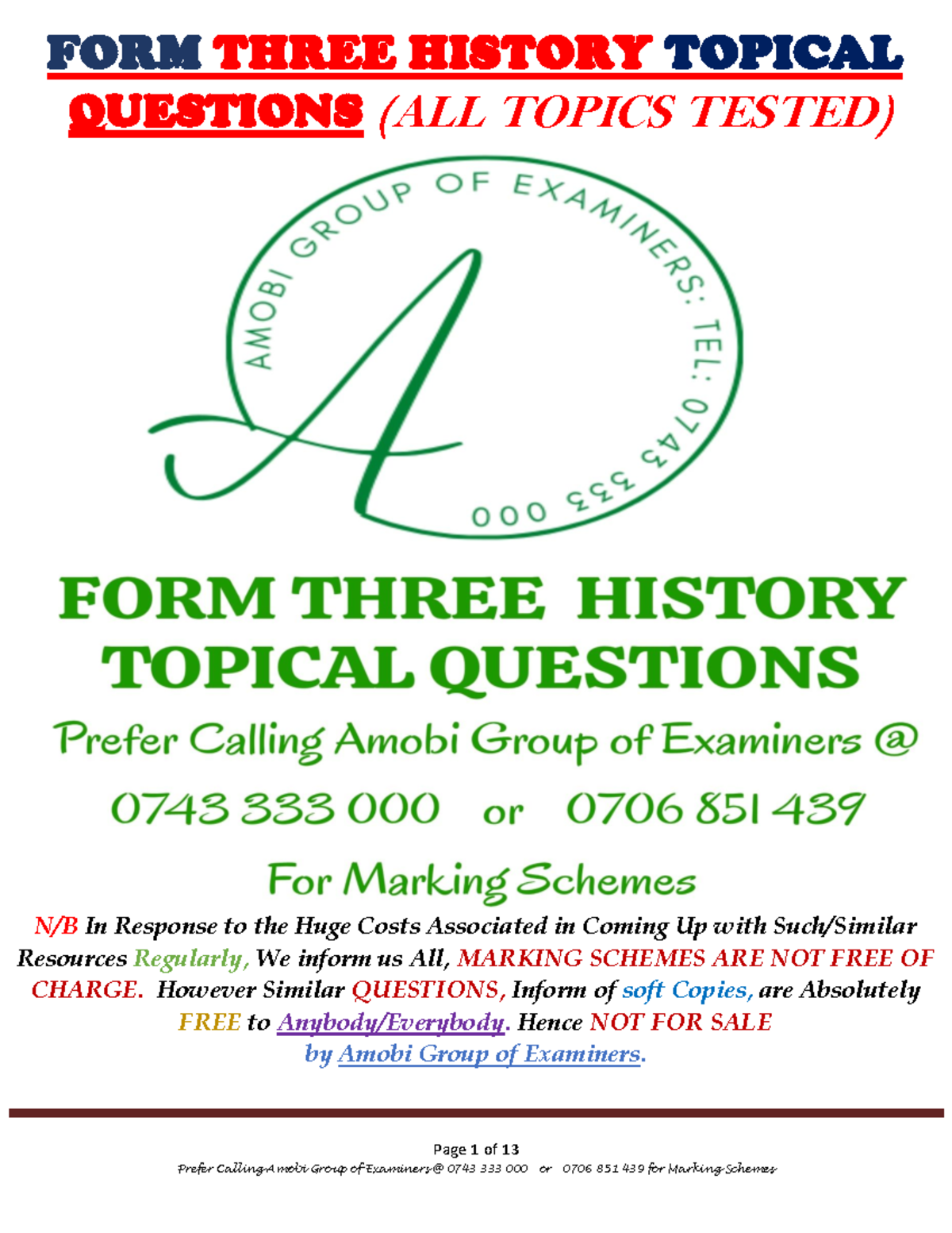 F3 HIST TQ - Exercises for students - Page 1 of 13 FORM THREE HISTORY ...