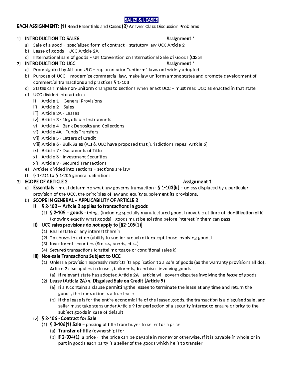 S&L Outline - notes - SALES & LEASES EACH ASSIGNMENT: (1) Read ...