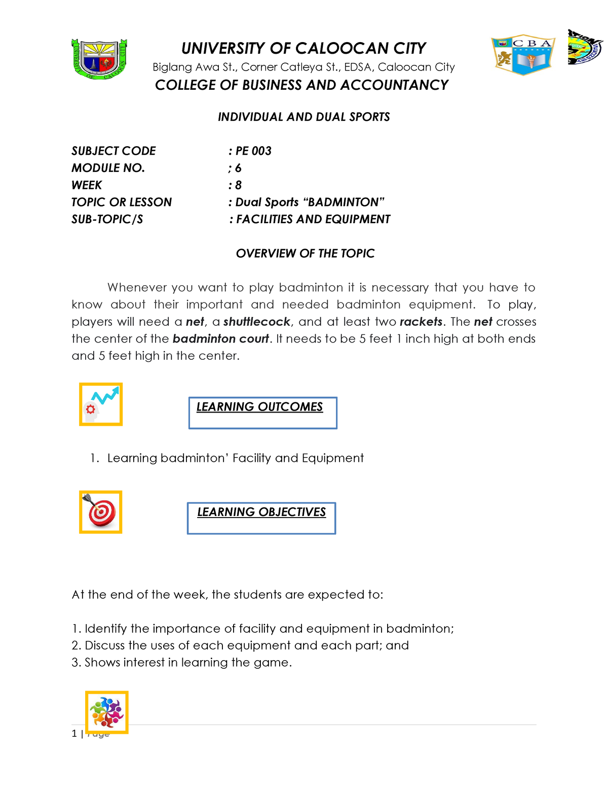 PE 003 CBA Module 6 Week 8 PE 003 Facilities And Equipment Of Badminton ...