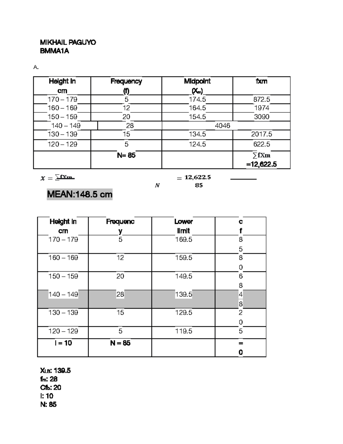 Activity 4 - MIKHAIL PAGUYO BMMA 1 A A. Height in cm Frequency (f ...