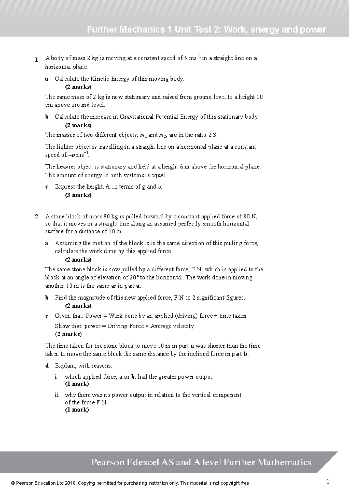 5fe2abc36ba7b78c60f3019e Further Mechanics 1 Unit Test 2 Work, energy ...