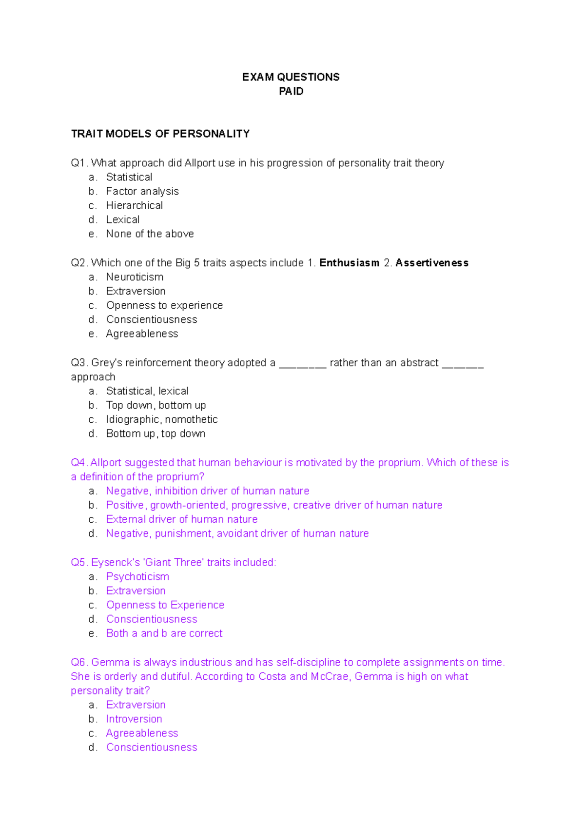 EXAM Questions - EXAM QUESTIONS PAID TRAIT MODELS OF PERSONALITY Q1 ...