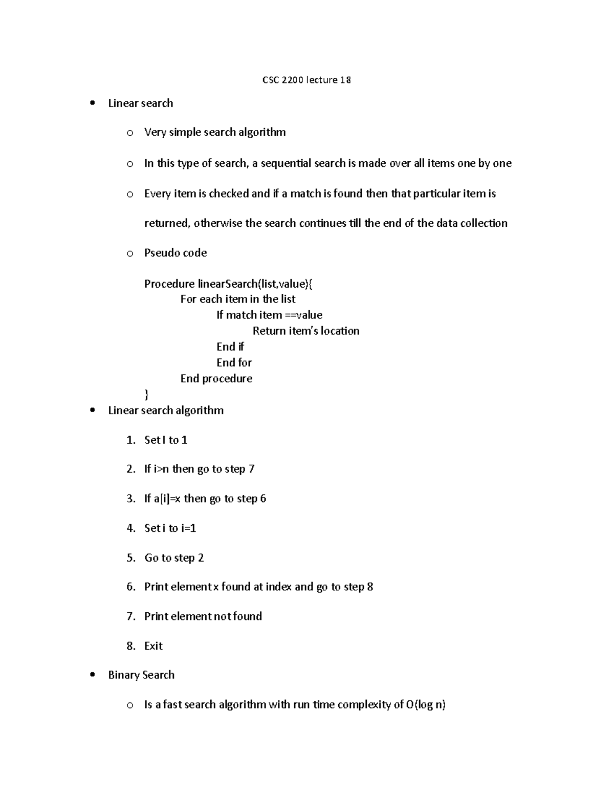 CSC 2200 lecture 18 - CSC 2200 lecture 18 Linear search o Very simple ...
