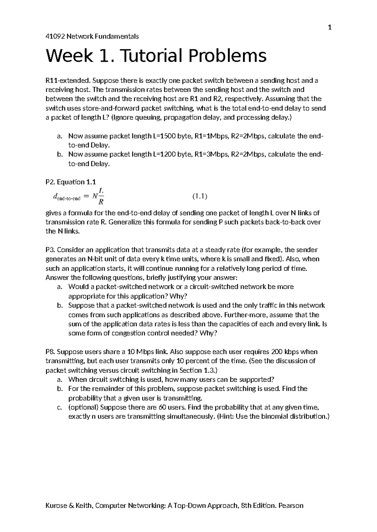 Week1-Tutorial Problem - 1 41092 Network Fundamentals Week 1. Tutorial ...