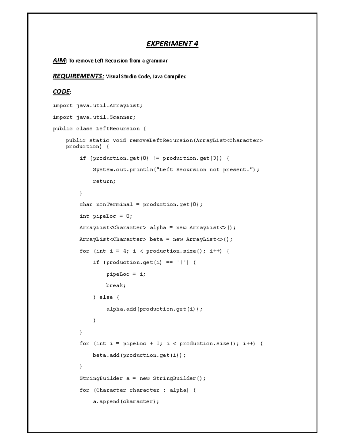 FILE 4-OPEN - EXPERIMENT 4 AIM: To remove LeŌ Recursion from a grammar ...