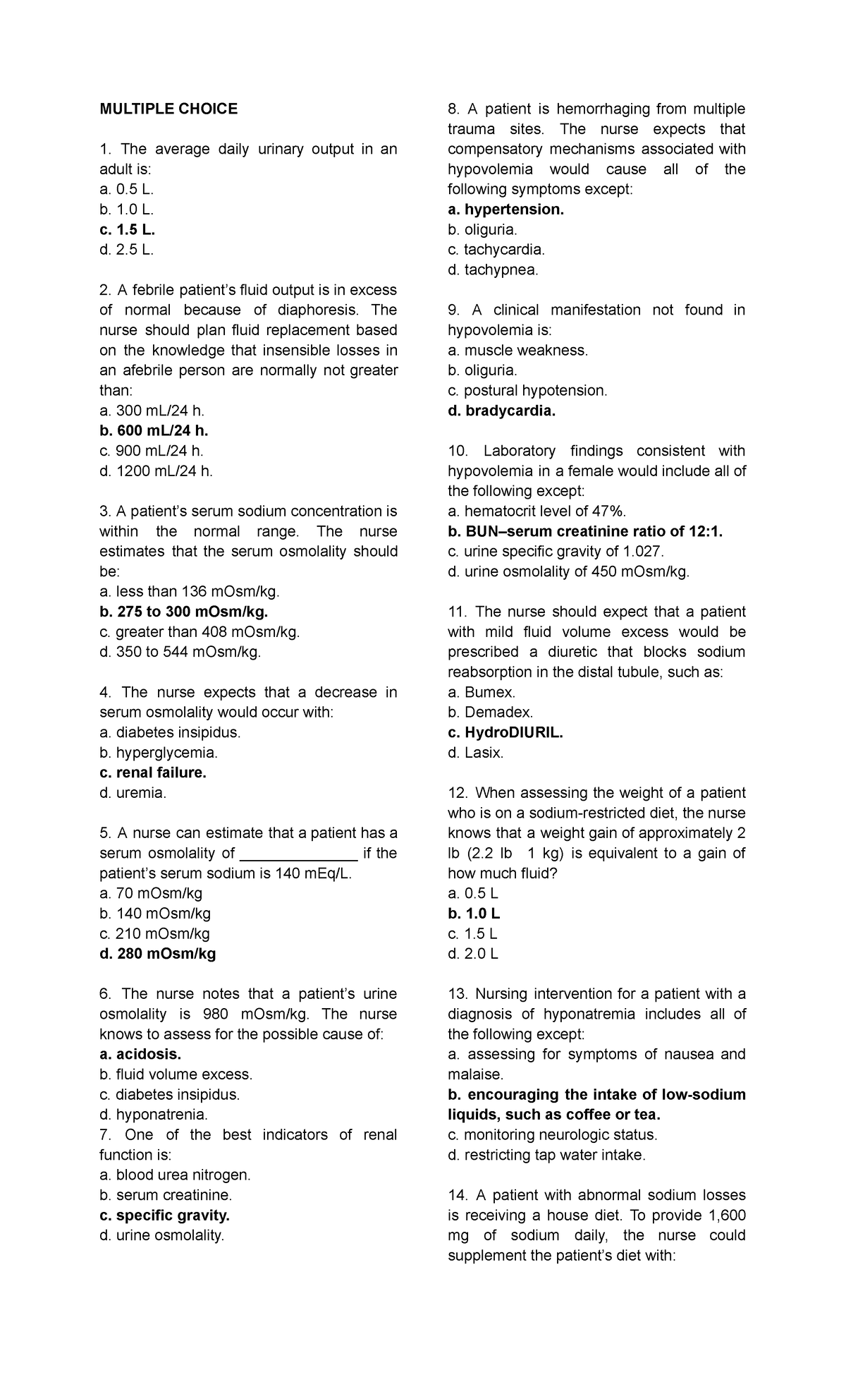 Test Bank - Fluids-and- Electrolytes - MULTIPLE CHOICE The Average ...