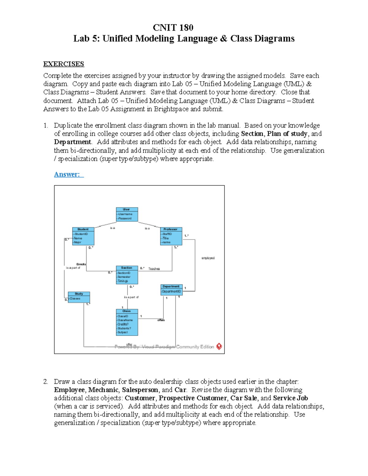Lab 05 - Unified Modeling Language & Class Diagrams - Student Answers ...