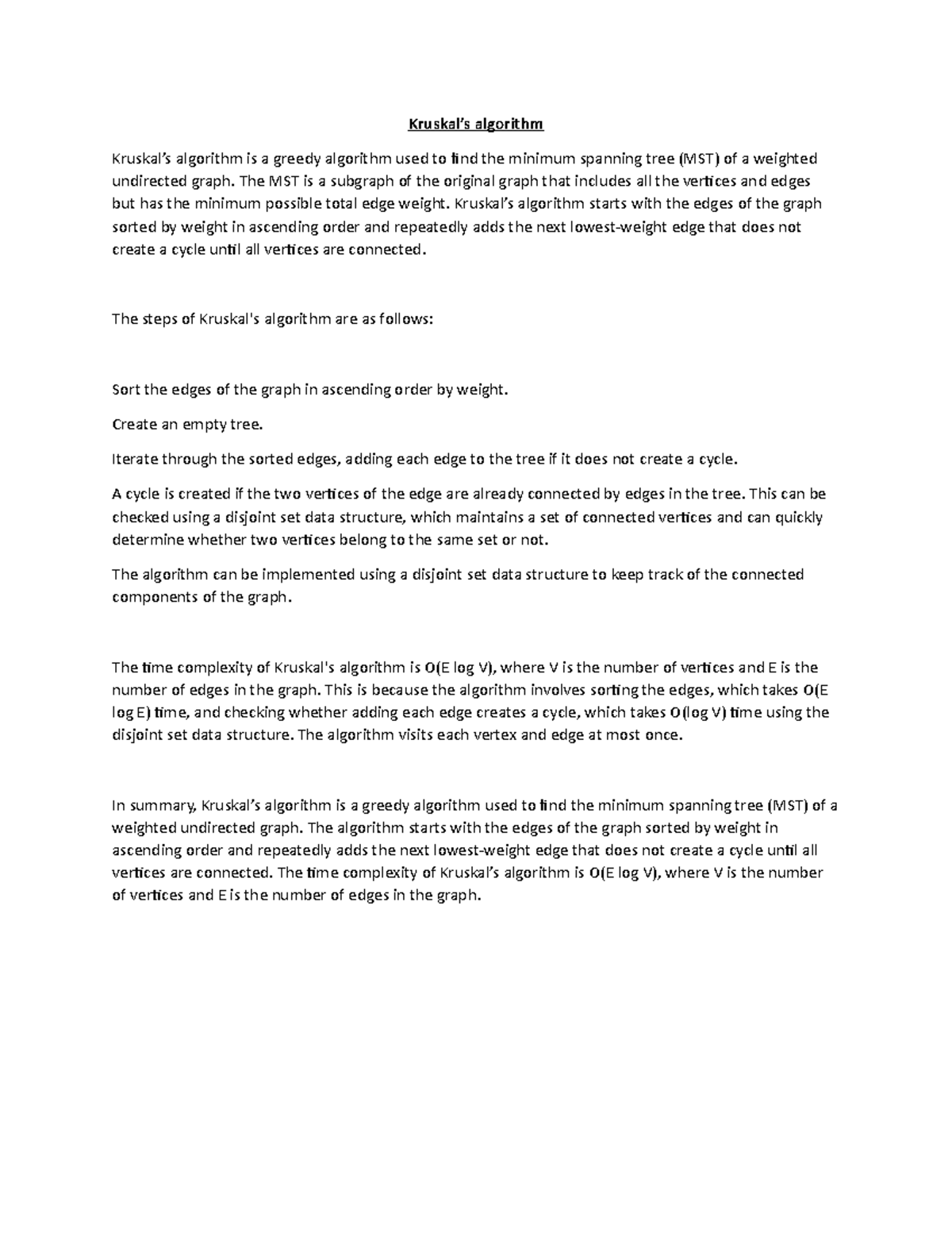 Kruskal’s algorithm - Kruskal’s algorithm Kruskal’s algorithm is a ...