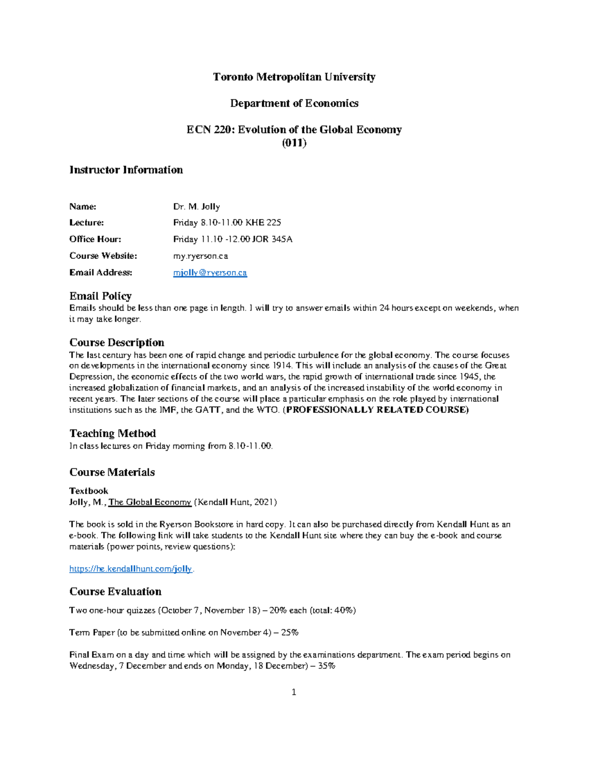 Course Outline (Fall 2022) - ECN 220 - Toronto Met - Studocu