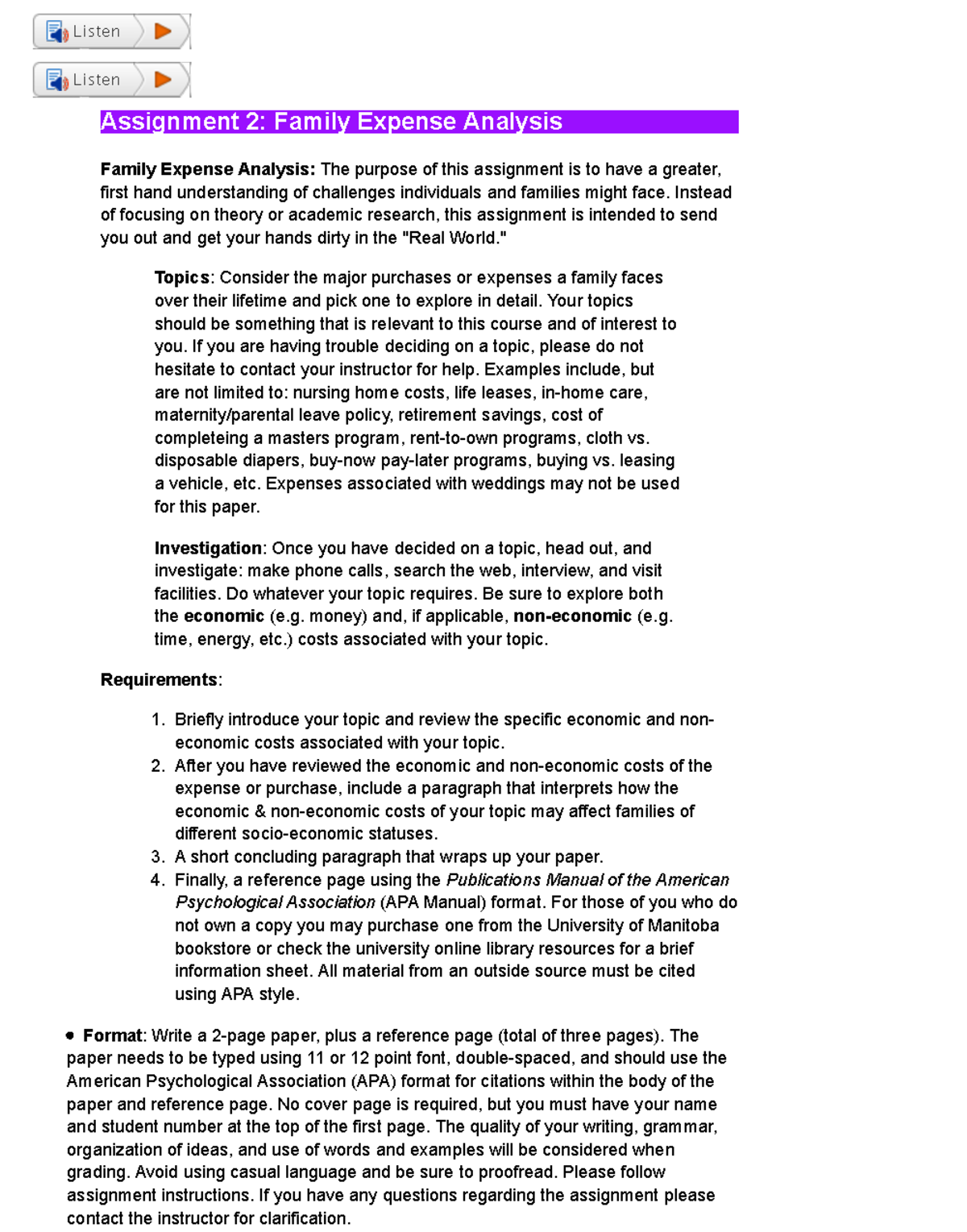 Family assignment outline - Listen Listen Assignment 2: Family Expense ...